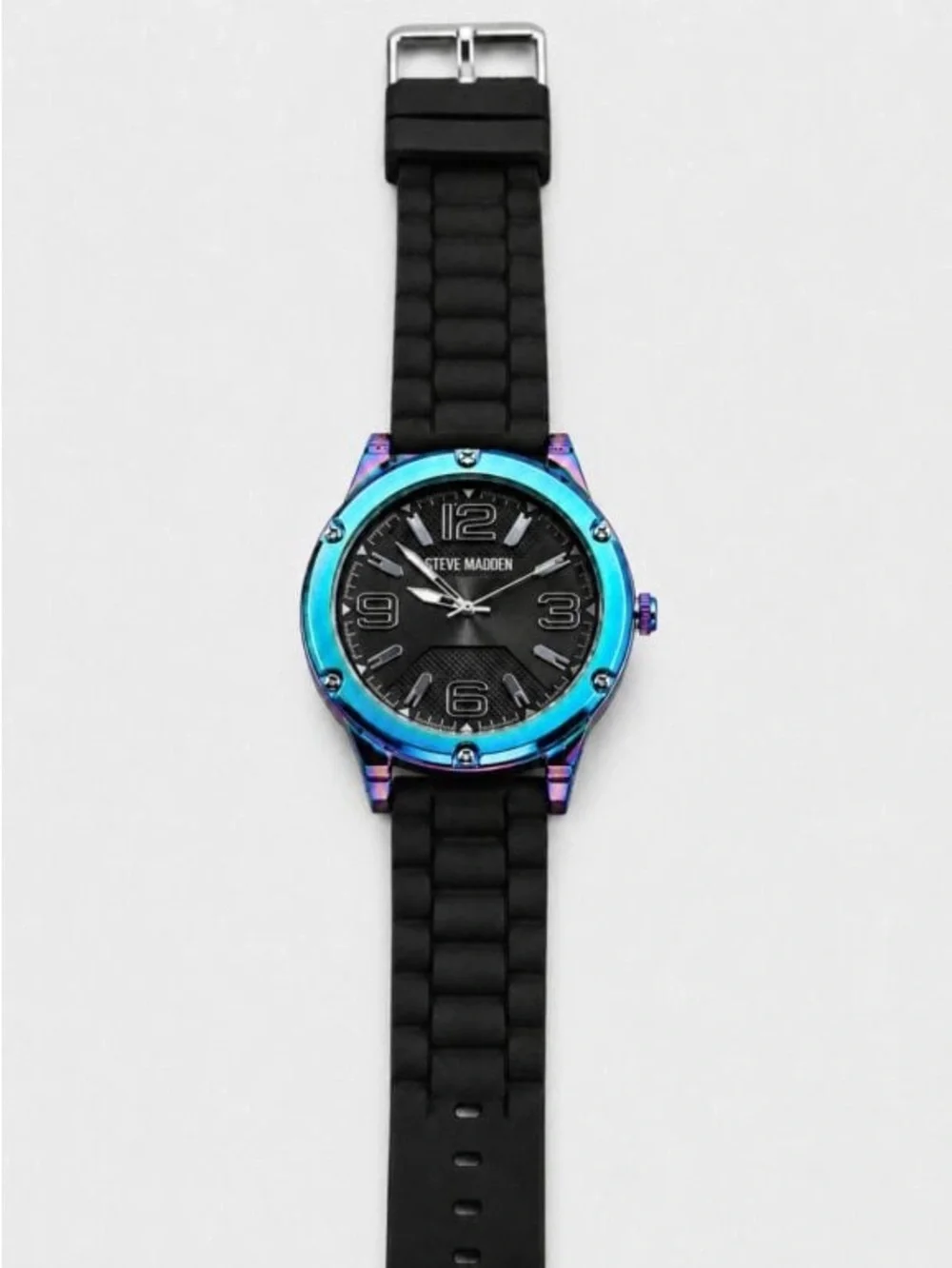 Steve Madden Black Dial Watch with Iridescent Rainbow Bezel